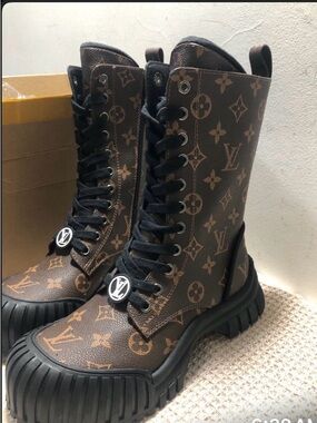 Louis Vuitton Brown Monogram Lace-Up Combat Boots - Women's